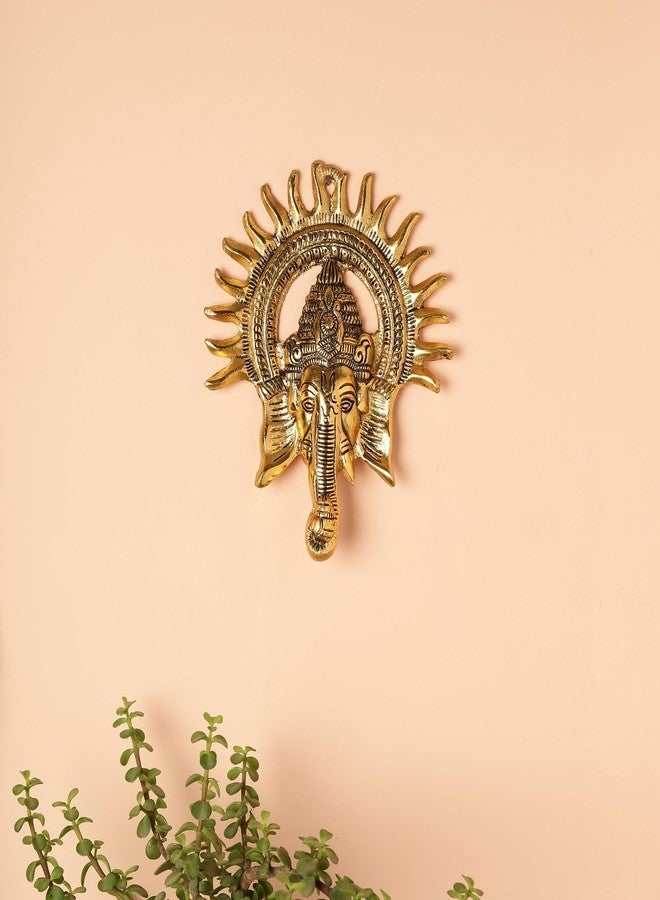 HEYEARTH Lord Ganesh Wall Hanging with Surya Chakra for Home Entrance,Ganesha Figurine,Lord Ganesha Idol Statue for Home Temple,Office,Gifts.Ganpati Ganesha Idol for Home Decor - Gold - 9 Inches - Image 1